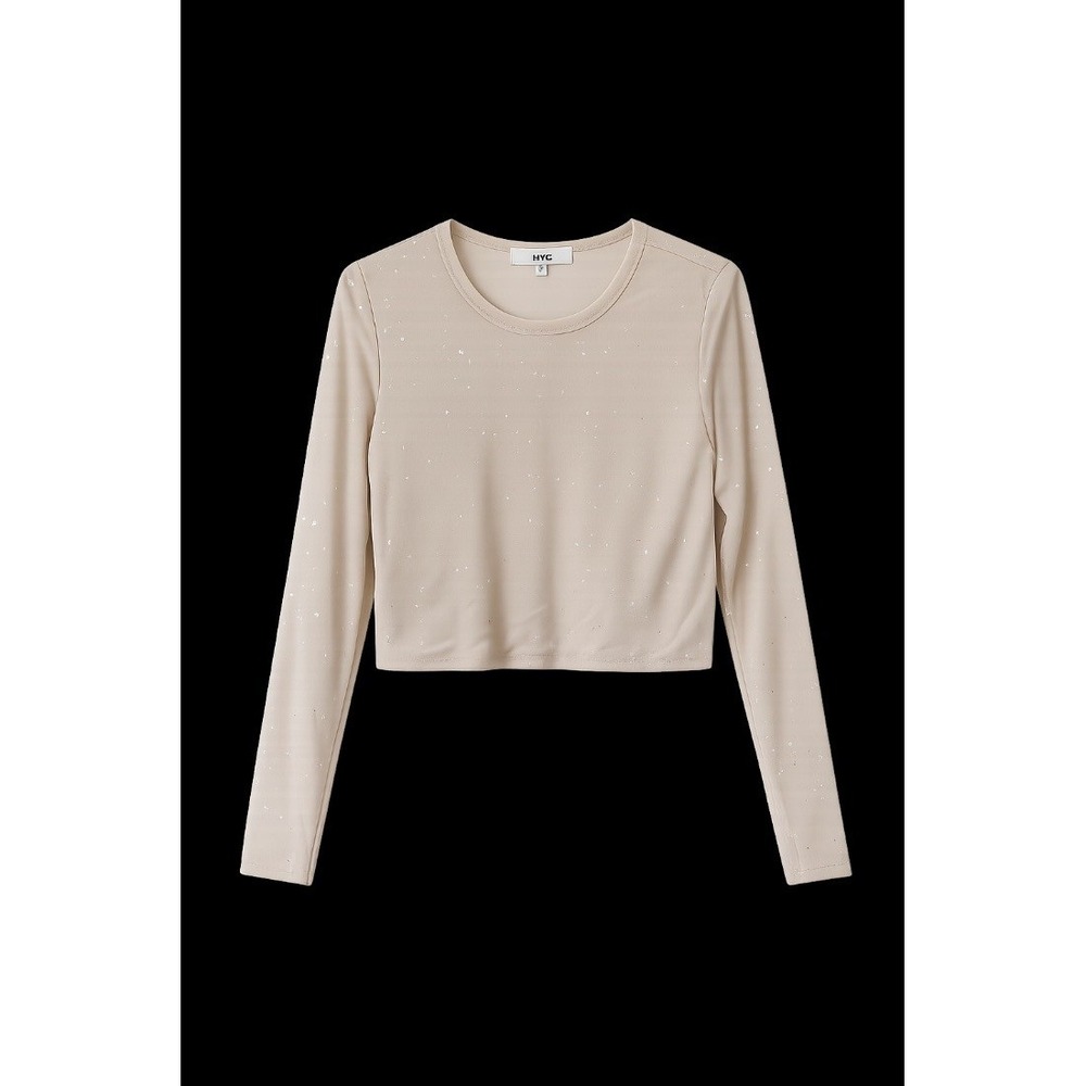 Madden NYC Womens Beige Sparkle Glitter Mesh Crop Top Long Sleeve Size S